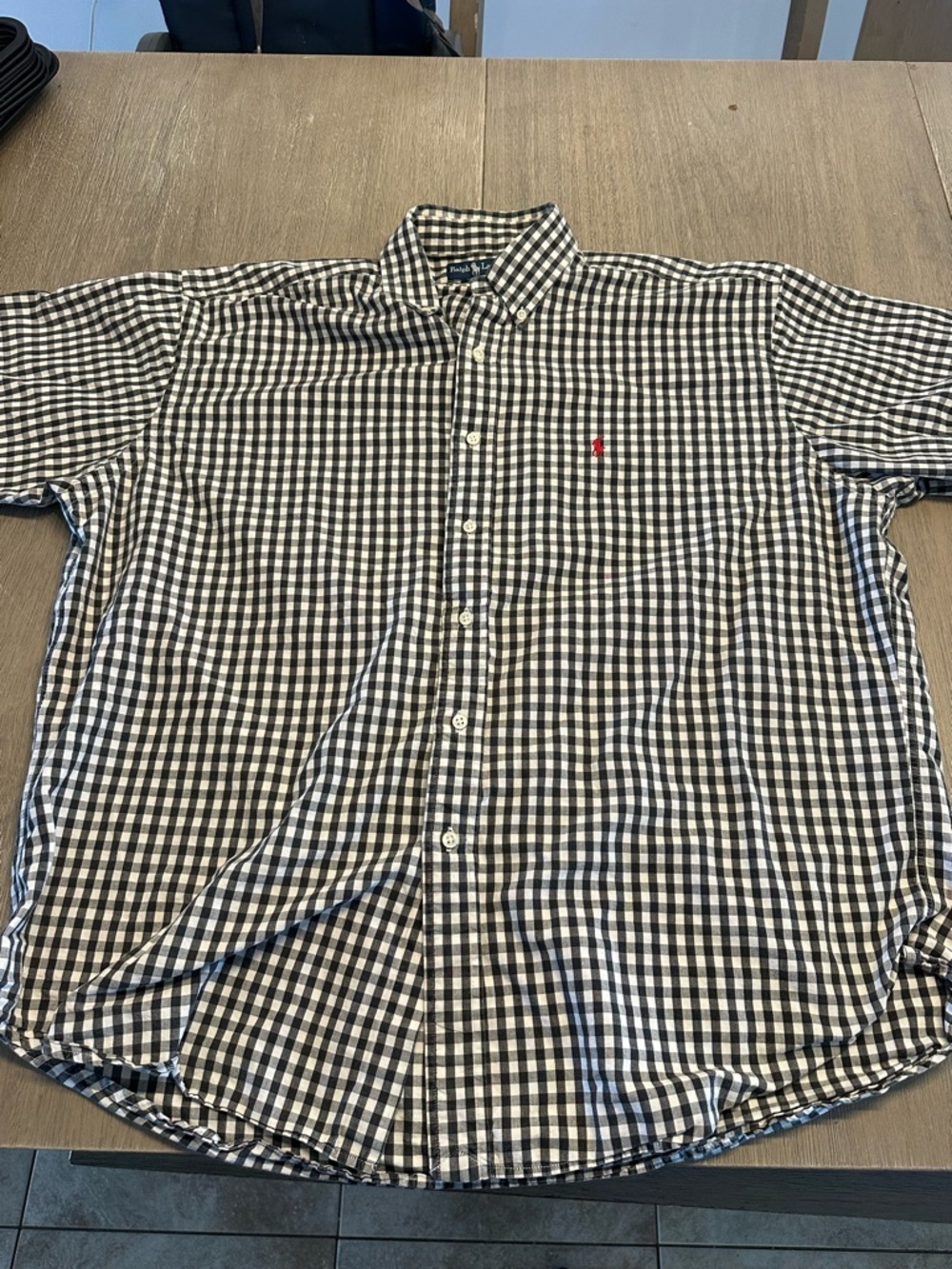 Ralph Lauren Black and White Gingham Button-Down Shirt with Red Pony